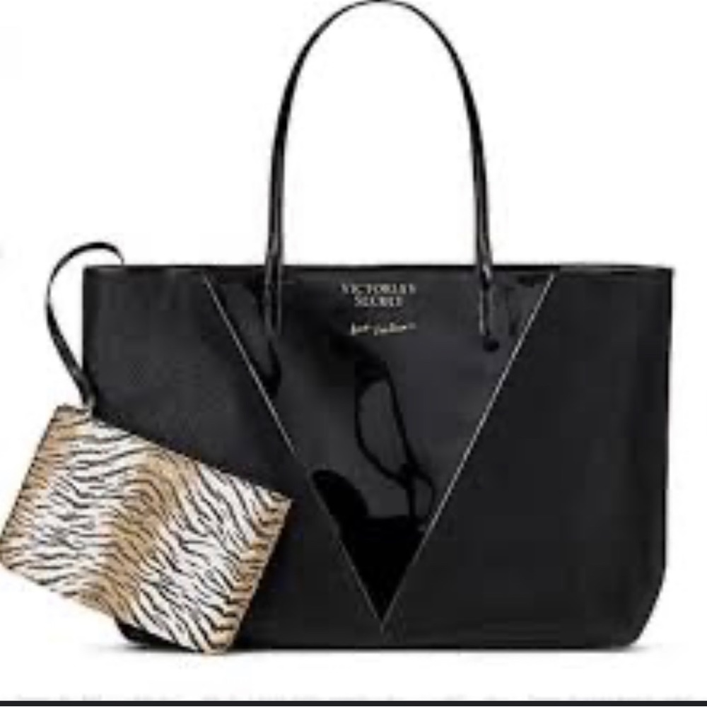 NWT Victoria's Secret Black Clear V Tote Bag w/ animal print clutch bag !!